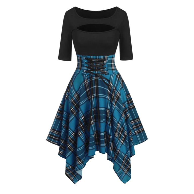 Outfmvch long Sleeve Dress for women Plaid Tops Plus Size Slim Belted Irregular Short Sleeve Handkerchief Dress womens dresses fall dresses