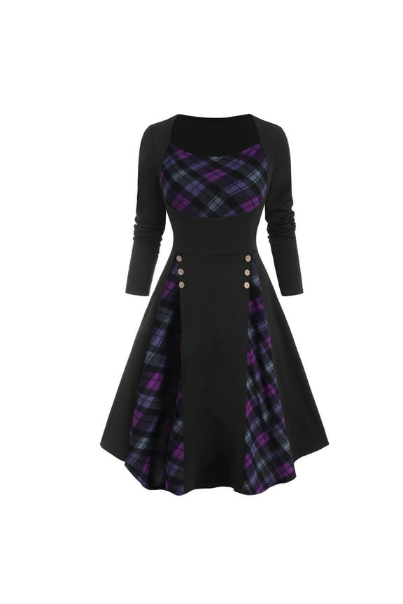 long sleeve dress for women Plus Size Plaid Insert Button Long Sleeve Dress womens dresses fall dresses
