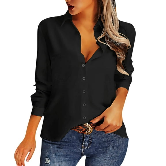 Outfmvch long sleeve shirts for women Casual Button Down Shirts Collared Office Work s With Pocket womens tops Black