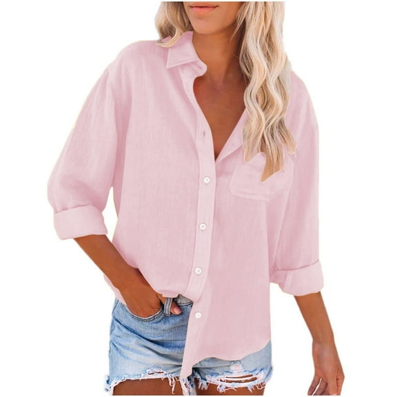 Outfmvch long sleeve shirts for women Casual Button Down Shirts Collared Office Work s With Pocket womens tops Z1 Pink L