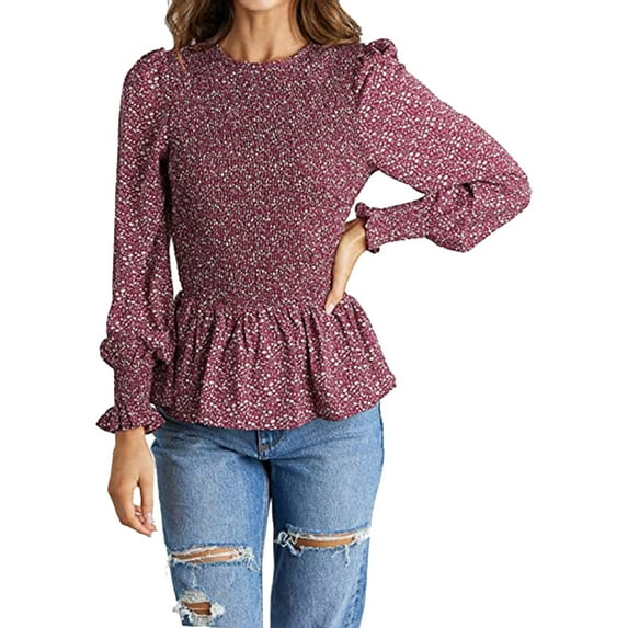 Outfmvch long sleeve shirts for women Casual Crewneck Shirt Floral Smocked Ruffle Hem Slim Blouse Tunics womens tops womens long sleeve tops