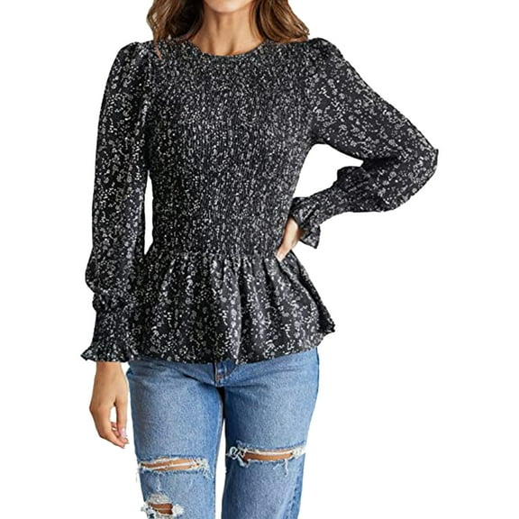 Outfmvch long sleeve shirts for women Casual Crewneck Shirt Floral Smocked Ruffle Hem Slim Blouse Tunics womens tops womens long sleeve tops