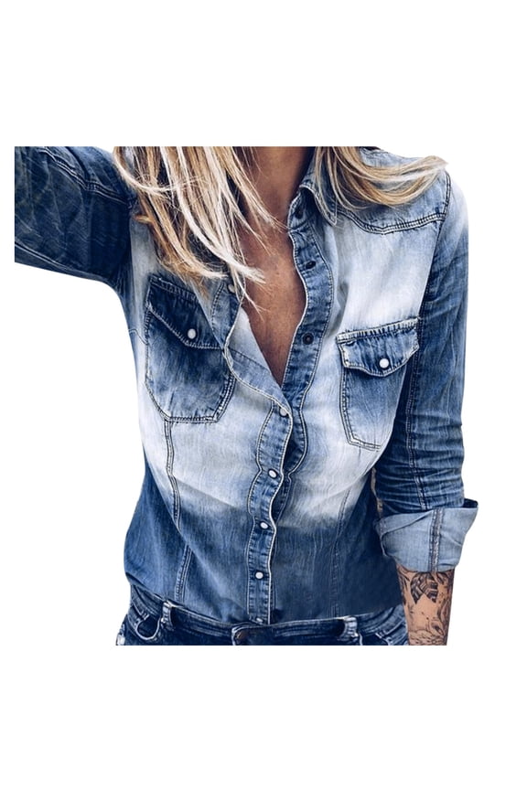 long sleeve shirts for women Fashion Denim Shirt Style Long Sleeve Shirts With Pocket womens tops Blue