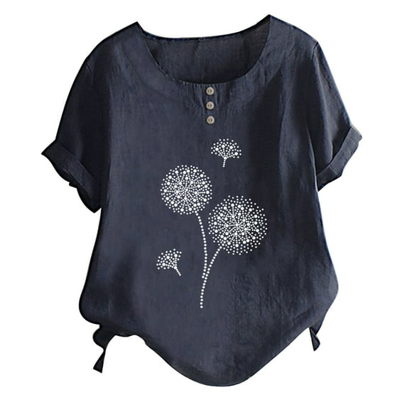 Outfmvch long sleeve shirts for women Summer Button Cotton And Linen Dandelion Print Short Sleeve T Shirt womens tops Navy