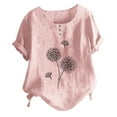 thumbnail image 1 of Outfmvch long sleeve shirts for women Summer Button Cotton And Linen Dandelion Print Short Sleeve T Shirt womens tops Pink, 1 of 3