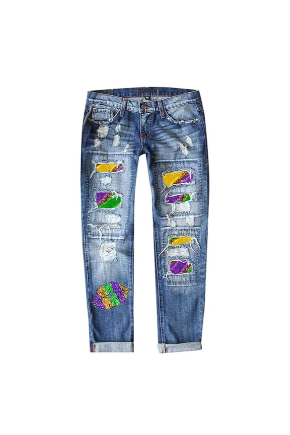 mardi gras pants for women womens jeans mardi gras pants jeans for women Women's New Street Printed Perforated Straight Denim Trousers Blue M