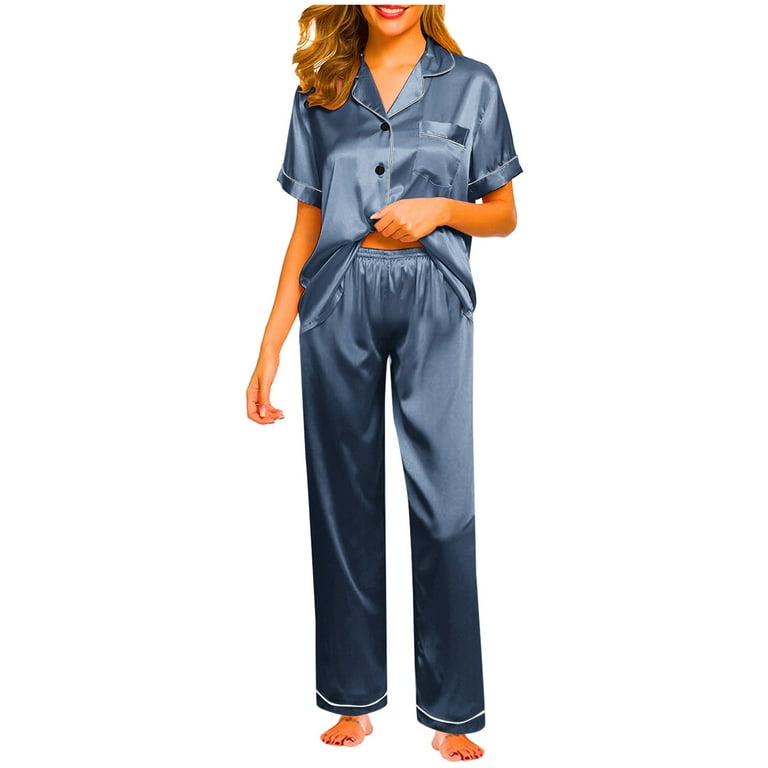 Outfmvch pajama sets for women 2 piece womens pajamas silk pajamas for  women Sleepwear Sets notch collar short sleeves Slim-Leg Solid color  Polyester