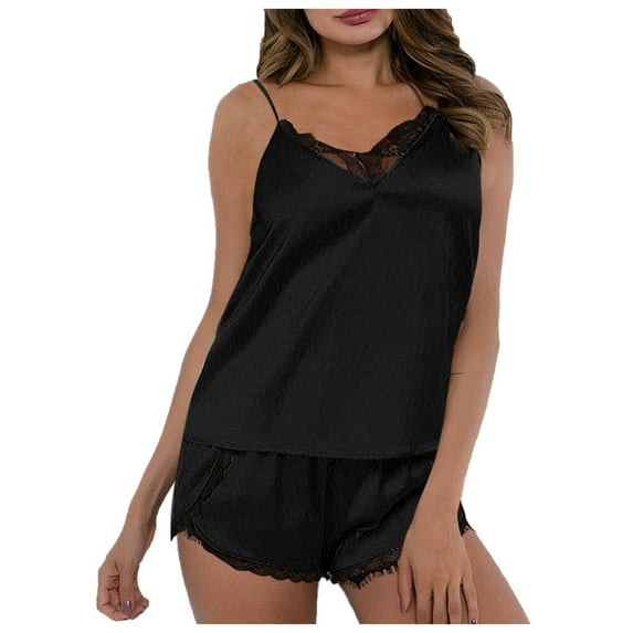 Outfmvch pajama sets for women 2 piece womens pajamas silk pajamas for women Sleepwear Sets scoop neck sleeveless Slim-Leg Solid color leisure Spandex 1 Top and 1 Pair of Pajama Pants Black L
