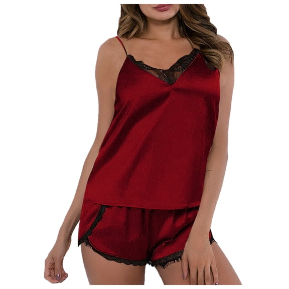 Outfmvch pajama sets for women 2 piece womens pajamas silk pajamas for women Sleepwear Sets scoop neck sleeveless Slim-Leg Solid color leisure Spandex 1 Top and 1 Pair of Pajama Pants Red S