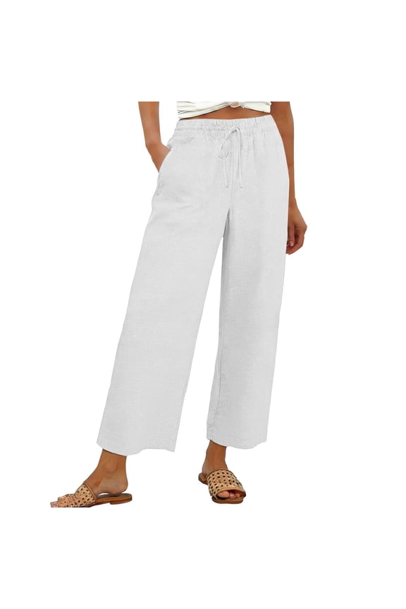 palazzo pants for women Boho Wide Leg High Waist Women's Culottes Womens Embroidered Linen Pants Drawstring Elastic Waist Gaucho Pant Resort Wear for Women 2025 Women White XL