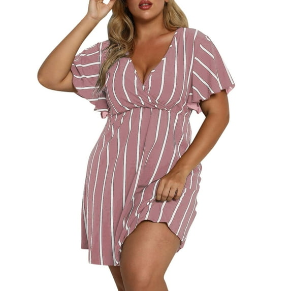 Outfmvch pink dress for women Plus Size Striped Print Wrap V Neck Short Sleeve A Line Dress womens dresses fall dresses