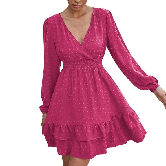 Outfmvch pink dress for women Short Sleeve V Neck Mini Dress Chiffon Dot Flowy Short Dress womens dresses fall dresses