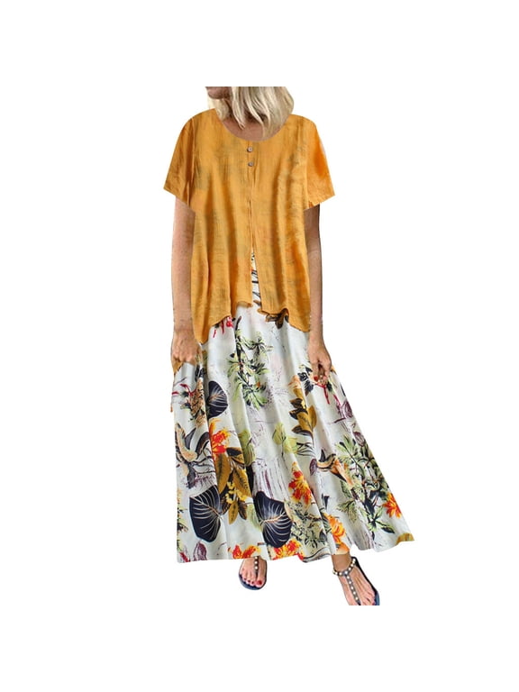 plus size dress for women Vintage Print Patchwork O-Neck Short Sleeve Plus Size Maxi Dress womens dresses fall dresses