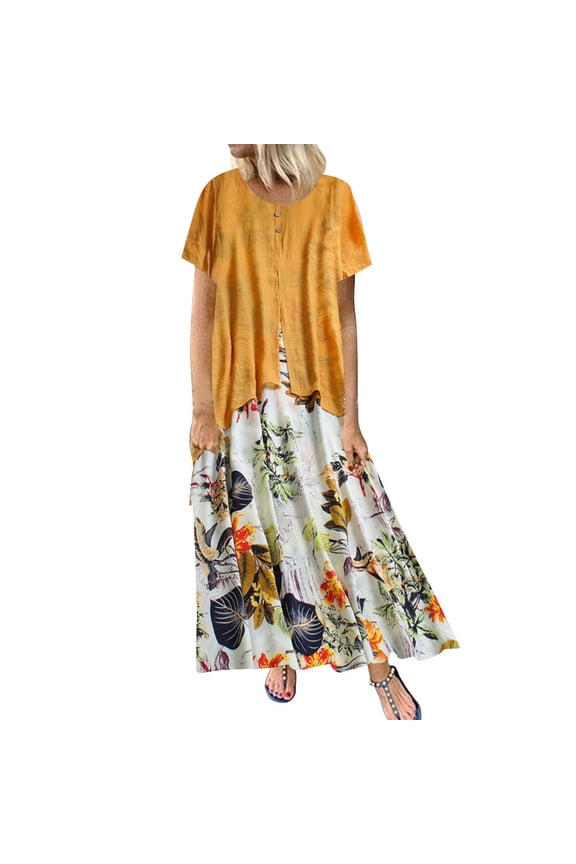 plus size dress for women Vintage Print Patchwork O-Neck Short Sleeve Plus Size Maxi Dress womens dresses fall dresses