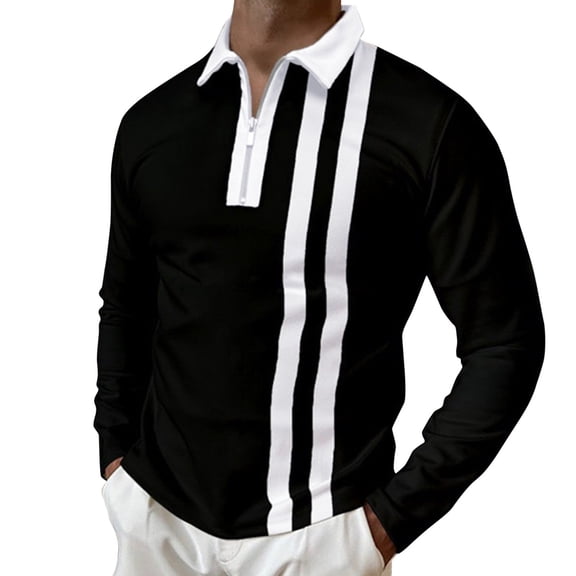 Outfmvch polo shirts for men Casual Splice Zipper Turn-Down Collar Long Sleeve Polos Shirt womens tops Black