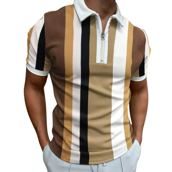 Outfmvch polo shirts for men Male Summer Casual StripePrint T Shirt Turn Down Collar Short Sleeve T Shirt womens tops Khaki
