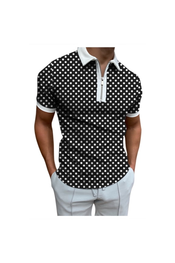 polo shirts for men Polka Dot Polos Casual Zipper Print Turn Down Shirt Collar womens tops Black