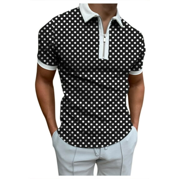 Outfmvch polo shirts for men Polka Dot Polos Casual Zipper Print Turn Down Shirt Collar womens tops Black