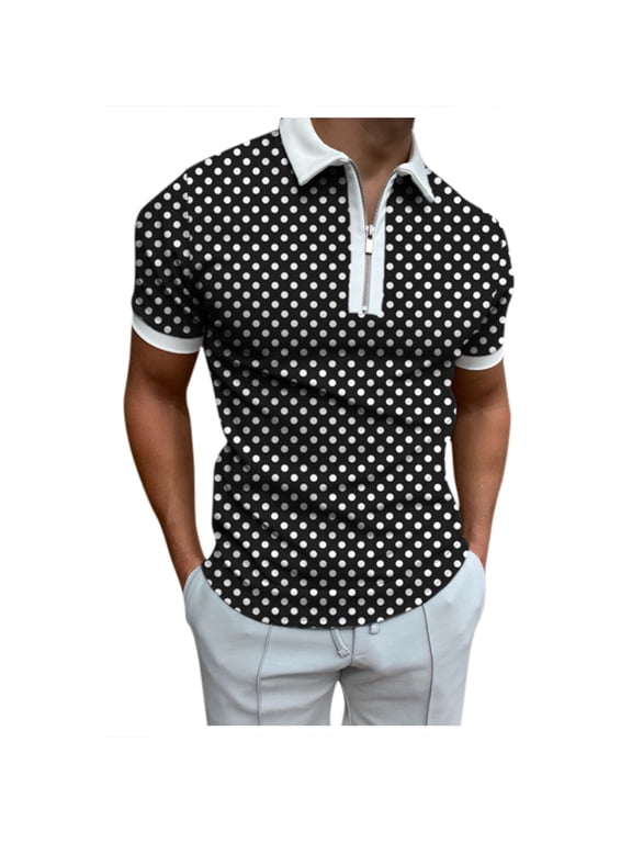 polo shirts for men Polka Dot Polos Casual Zipper Print Turn Down Shirt Collar womens tops Black