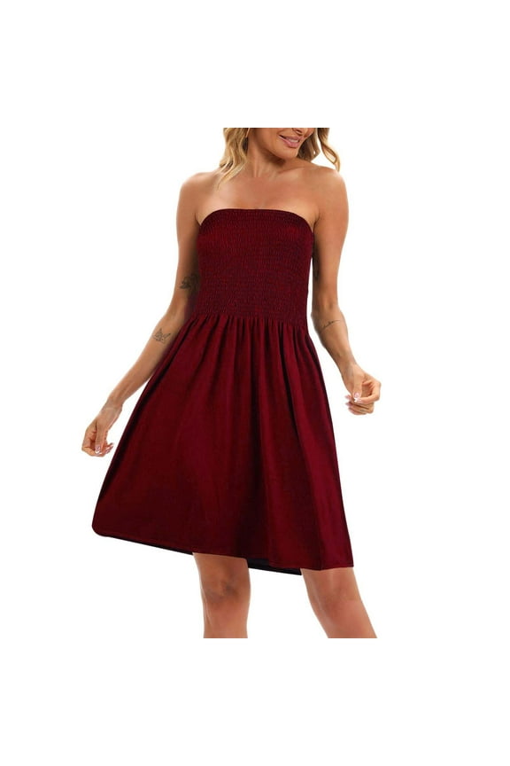 red dress Off Shoulder Strapless Sleeveless Tube Top Dress Soild Beach Coverup Flowy Midi Dress womens dresses fall dresses