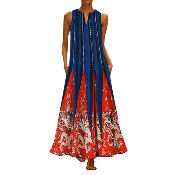 Outfmvch red dress Plus Size Print Daily Casual Sleeveless Vintage Bohemian V Neck Maxi Dress womens dresses fall dresses