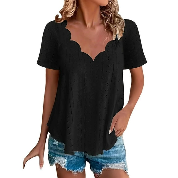 Outfmvch short sleeve shirts for women plain t shirts for women athletic shirts women womens work tops workout tops for women Scallops Tops Comfortable Breathable Short Sleeved T Shirt Black L