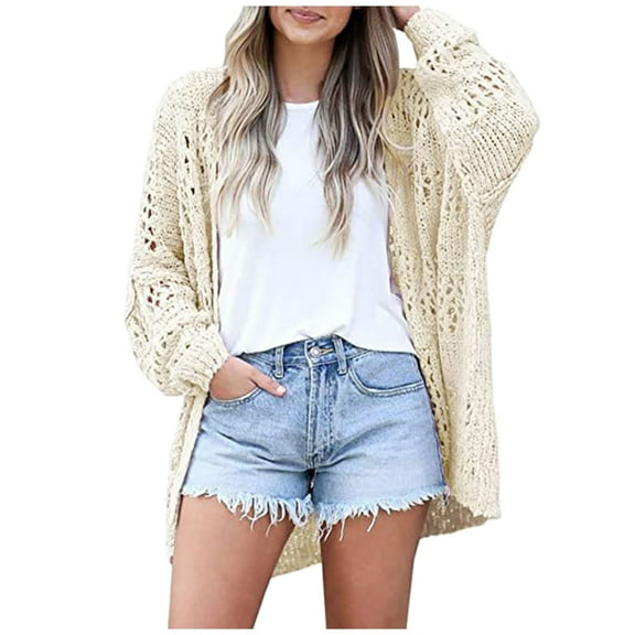 Outfmvch sweaters for women Open Front Crochet Knit Cardigan Sweater Loose Outwear womens tops womens sweaters Beige