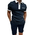 thumbnail image 1 of Outfmvch t shirts for men Male Casual Pocket Two Piece Suit Zipper Collar Suit Drawstring Pocket Short Set womens tops Navy, 1 of 4