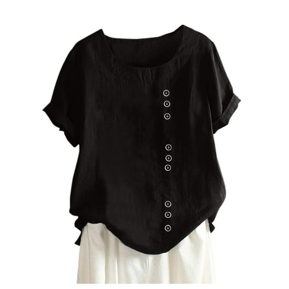 Outfmvch t shirts for women Casual Loose Button Linen Plus Size Daily Boho Tanic T-Shirt womens tops Black