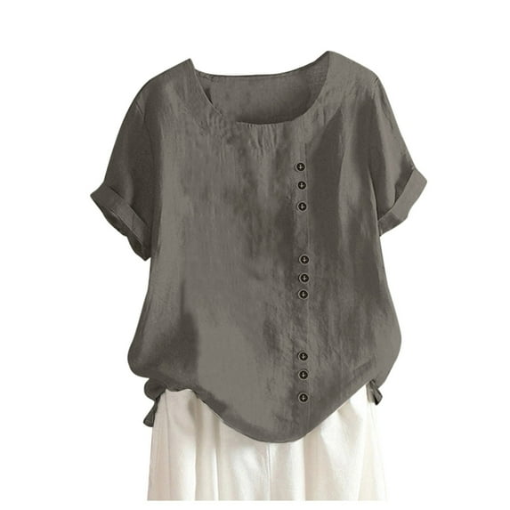 Outfmvch t shirts for women Casual Loose Button Linen Plus Size Daily Boho Tanic T-Shirt womens tops Grey