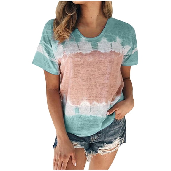 Outfmvch t shirts for women Spring Summer Casual Round Neck Short Sleeve Print Plus Size Shirt womens tops Sky Blue