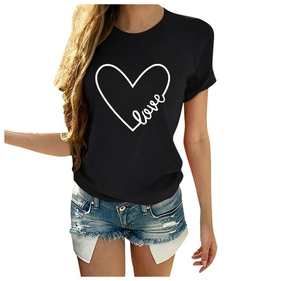Outfmvch t shirts for women Valentine's Day Casual Short Sleeve Letter Print Heart-shaped womens tops Black
