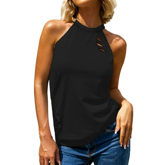 Outfmvch tank top for women Halter Neck Tank Summer Loose Rocker Tank Sleeveless Casual Shirts s womens tops Black