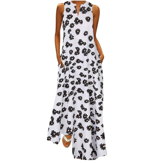 Outfmvch white dress Plus Size Print Daily Casual Sleeveless Vintage Bohemian V Neck Maxi Dress womens dresses fall dresses