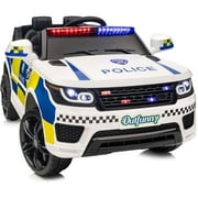 Outfunny Electric Police Car for Kids, 24 Volt Kids Ride on Toys w/ 400W Motors, Megaphone, Remote, Bluetooth - White
