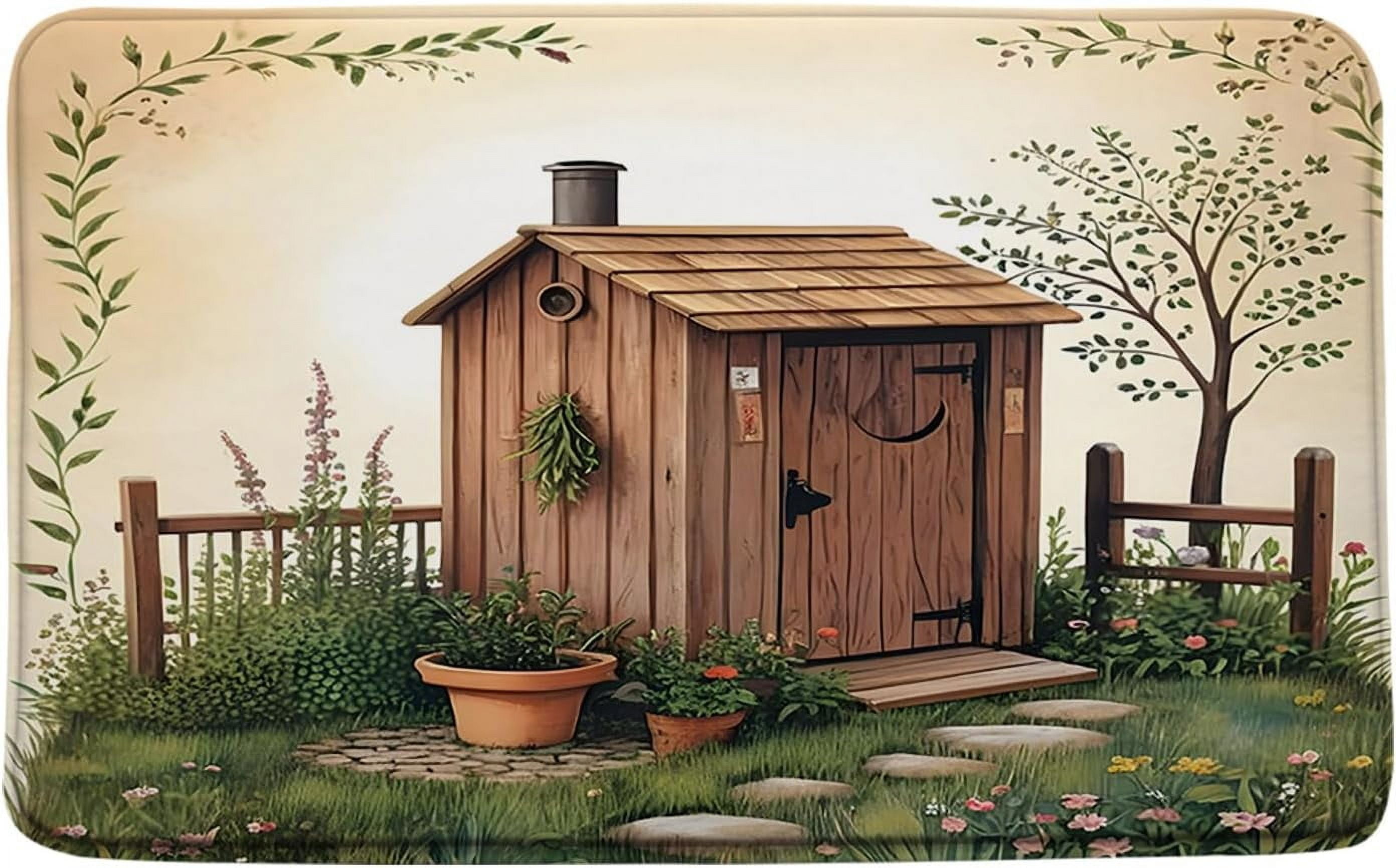 Outhouse Bath Mat Vintage Primitive Country Backhouse Rustic Farmhouse Grass Garden Yard Soft Memory Foam Rug for Bathroom Kitchen 20x32 Inch