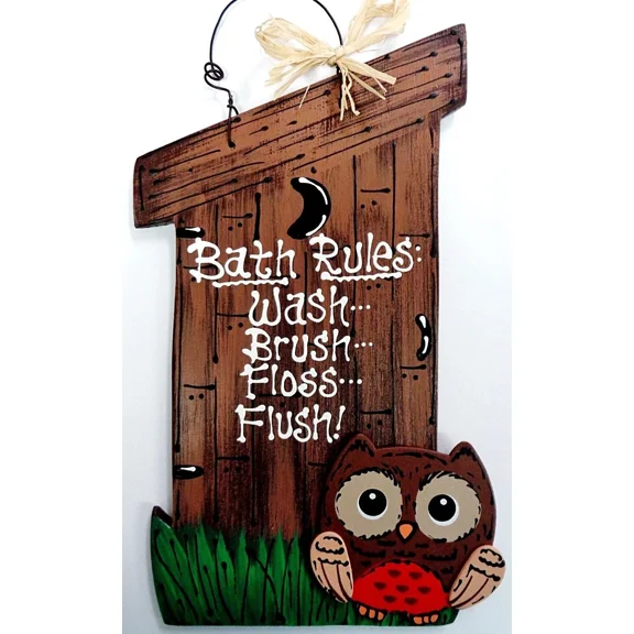 Outhouse Bath Rules Owl Sign Woods Bathroom Bath Rustic Country Wall Art Plaque