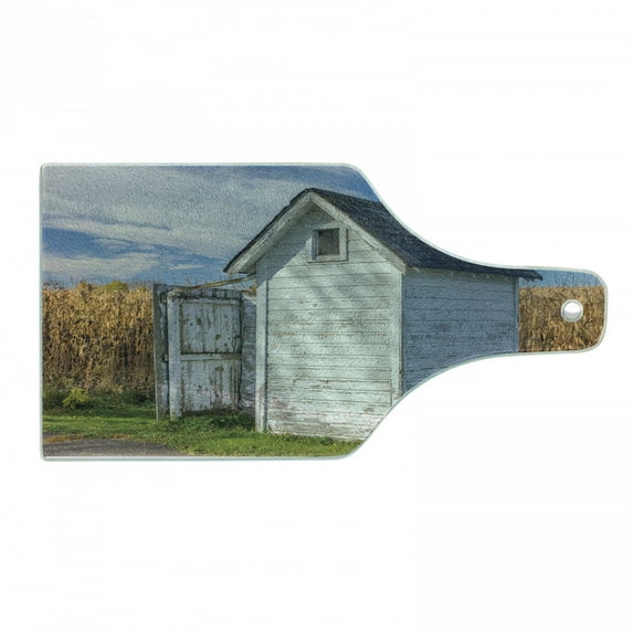 Outhouse Cutting Board, Country Farm Life Cottage Wheat and Grass Under Sky Image, Decorative Tempered Glass Cutting and Serving Board, Wine Bottle Shape, Marigold White, by Ambesonne