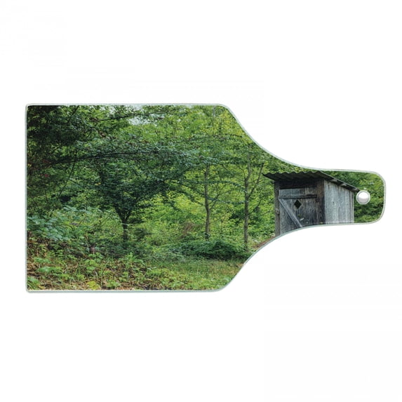 Outhouse Cutting Board, Old Cottage Outhouse in a Spring Mountian Forest Woods Image, Decorative Tempered Glass Cutting and Serving Board, Wine Bottle Shape, Fern Green and Brown, by Ambesonne