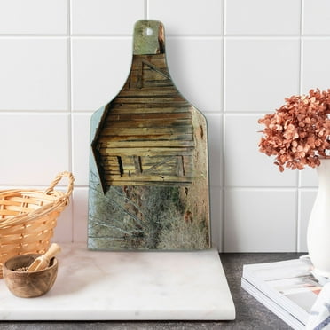 Outhouse Cutting Board, Old Wooden Shed in the Outback Country Side Olive Trees, Decorative Tempered Glass Cutting and Serving Board, Wine Bottle Shape, Dark Green Caramel, by Ambesonne