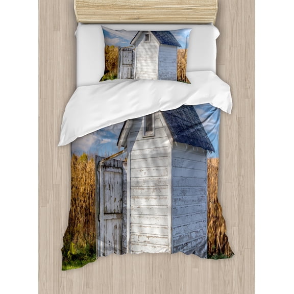 Outhouse Duvet Cover Set, Country Farm Life Cottage Wheat and Grass Under Sky Image, Decorative 2 Piece Bedding Set with 1 Pillow Shams, Twin Size, Marigold White, by Ambesonne