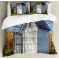 thumbnail image 1 of Outhouse Duvet Cover Set, Country Farm Life Cottage Wheat and Grass Under Sky Image, Decorative 3 Piece Bedding Set with 2 Pillow Shams, King Size, Marigold White, by Ambesonne, 1 of 3