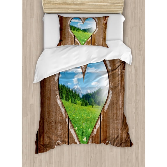 Outhouse Duvet Cover Set, Heart Window View from Wooden Rustic Farm Barn Shed Chalk Art Image, Decorative 2 Piece Bedding Set with 1 Pillow Shams, Twin Size, Brown Blue and Green, by Ambesonne