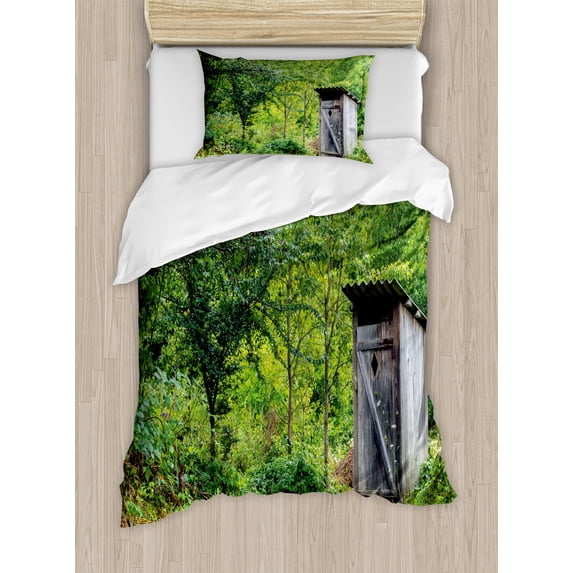 Outhouse Duvet Cover Set, Old Cottage Outhouse in a Spring Mountian Forest Woods Image, Decorative 2 Piece Bedding Set with 1 Pillow Shams, Twin Size, Fern Green and Brown, by Ambesonne