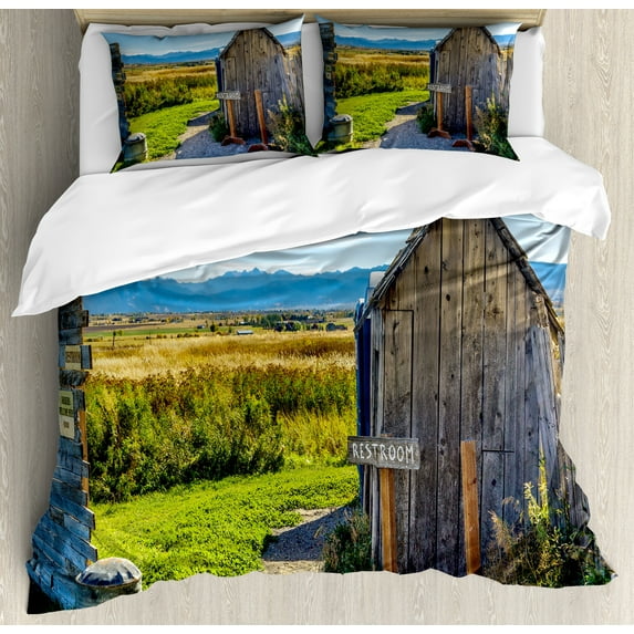 Outhouse Duvet Cover Set, Old Rustic Wooden Cottage Barn Shed in a Farm Village Image, Decorative 3 Piece Bedding Set with 2 Pillow Shams, Calking Size, Dark Grey Sky Blue, by Ambesonne