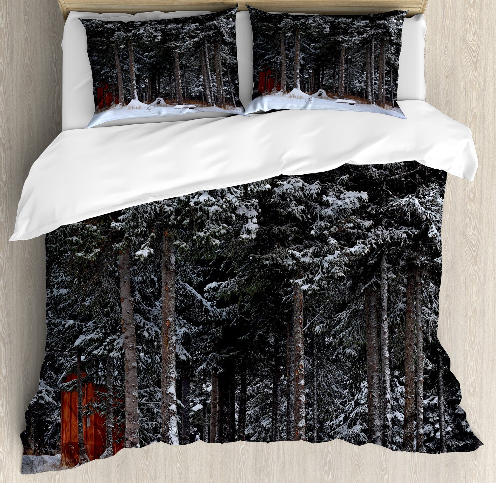 Outhouse Duvet Cover Set, Winter Forest in Snow with Little Barn