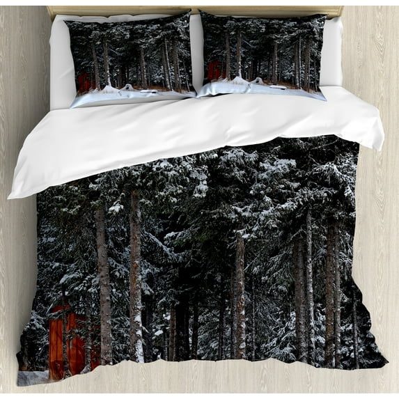 Outhouse Duvet Cover Set, Winter Forest in Snow with Little Barn Lumberjack Shed Art Photo, Decorative 3 Piece Bedding Set with 2 Pillow Shams, Queen Size, Dark Green and White, by Ambesonne