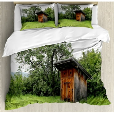 Outhouse Duvet Cover Set, Wooden Little Hut Barn Shed Cottage in Nature Forest Image, Decorative 3 Piece Bedding Set with 2 Pillow Shams, Calking Size, Green Brown Forest Green, by Ambesonne