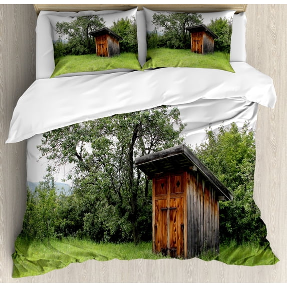 Outhouse Duvet Cover Set, Wooden Little Hut Barn Shed Cottage in Nature Forest Image, Decorative 3 Piece Bedding Set with 2 Pillow Shams, King Size, Green Brown Forest Green, by Ambesonne