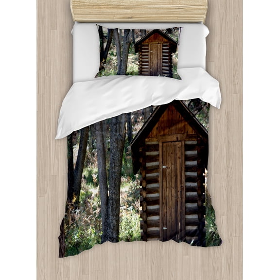 Outhouse Duvet Cover Set, Wooden Prehistoric Life Barn Shed in Spring Forest Leaves Lumberjack Photo, Decorative 2 Piece Bedding Set with 1 Pillow Shams, Twin Size, Dark Brown Green, by Ambesonne